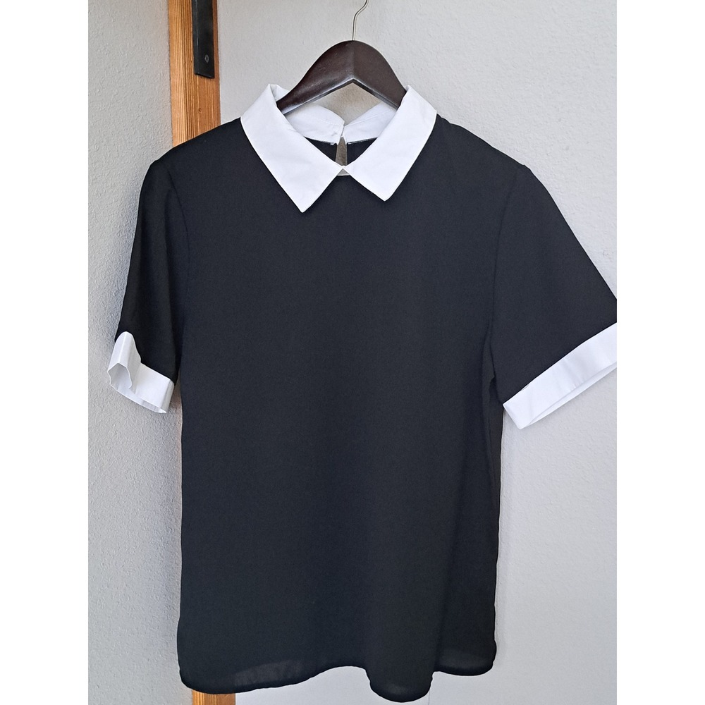 SHEIN Women Black White Peter Pan Collar Blouse Short Sleeve Preppy Top Large